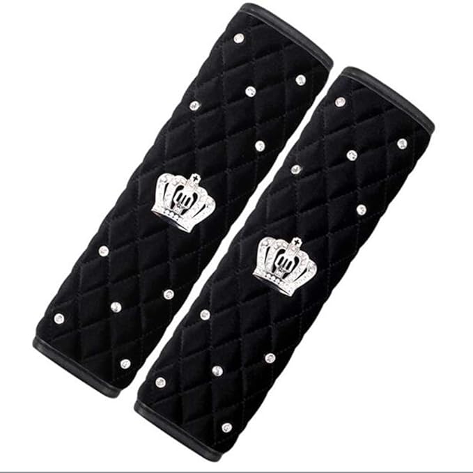 2 Pcs Plush Car Seat Belt Cover Shoulder Pad with Rhinestone Crown - Black