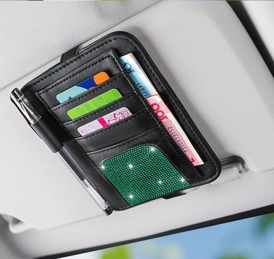 Bling Car Sun Visor Organizer, Rhinestone Multi-Pocket Truck Visor Organizer Pouch with Visor Pen Holder,Glasses Holder,Universal Sunvisor Organizers for Most Cars SUVs -Green