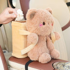 2-in-1 Car Tissue Holder & Trash Bin Organizer Cute Plush Bear/Rabbit/Capybara for Armrest Easy to Install Soft & Adorable (Bear)