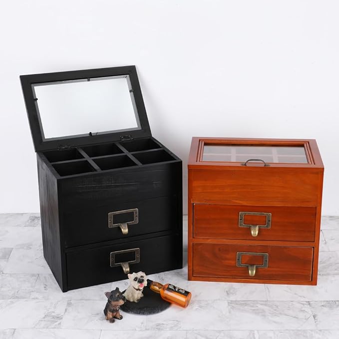 Wooden Storage Box Wooden Desk Organizer with 2 Drawers and 6 Grids Apothecary Drawers Small Wooden Drawers Small Craft Stora