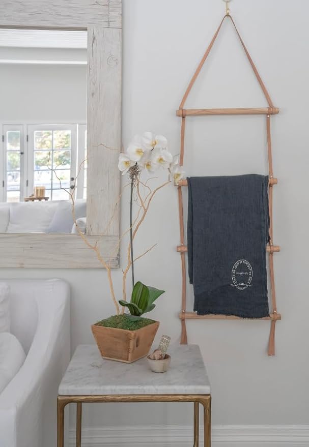 Decorative Wooden Wall Hanging Ladder with Leather Straps – Rustic Towel and Blanket Rack for Bathroom, Living Room, or Entry