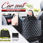 Car Purse Holder - Durable Leather Seat Back Organizer, Front Seat Storage Barrier, Pet & Kids Driver Storage Netting Pouch