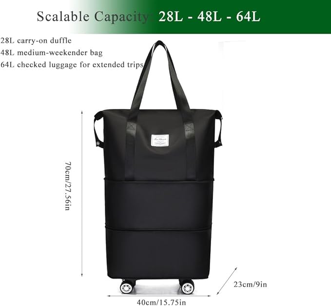Expandable Foldable Duffel Bag with Detachable Wheels, 64L Large Capacity Rolling Travel Duffle Bag, Lightweight Carry on Luggage with Spinner Wheels, Weekend Gym Tote Bag (Black)