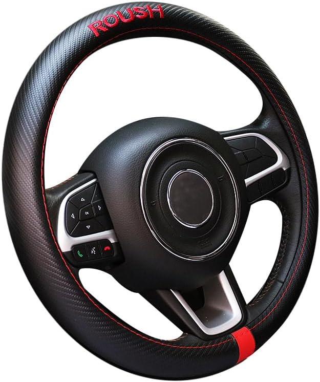 Black Carbon Fiber Luxury Roush Leather Car Steering Wheel Cover Auto Anti-Slip Protector 15''
