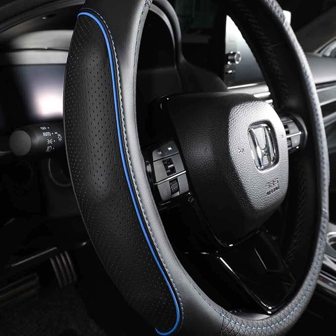 EKR Universal 15 inch Leather Steering Wheel Cover - Genuine Leather, Breathable, Anti Slip & Odor Free (Black with Blue Lines, M(14" 1/2-15" 1/4))