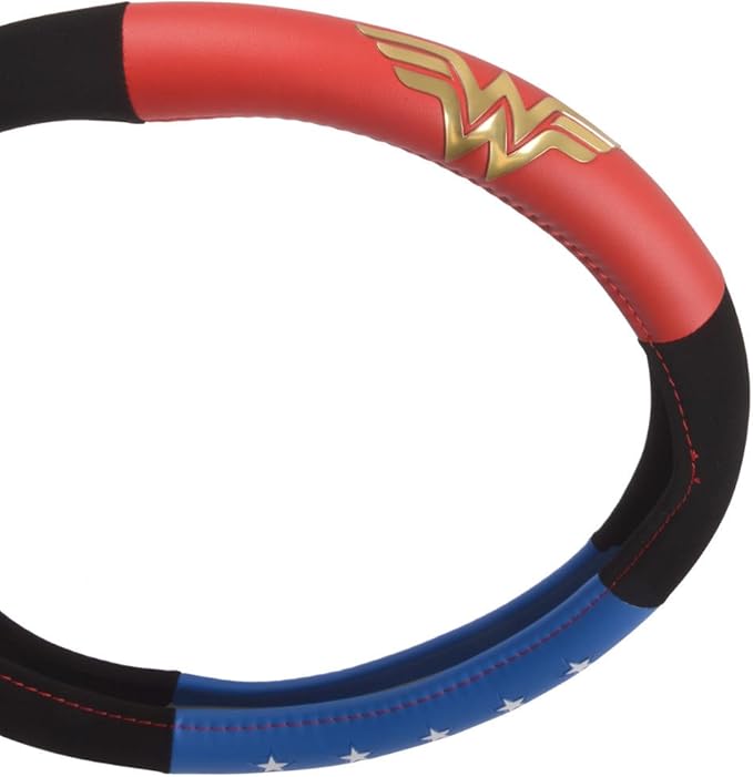 BDK Warner Bros DC Comics Wonder Woman Steering Wheel Cover - Car Accessories for Women, Superhero Heroine Gift Ideas, Original Red White Blue WonderWoman Logo, Universal Standard Fit 14.5-15.5 Inches