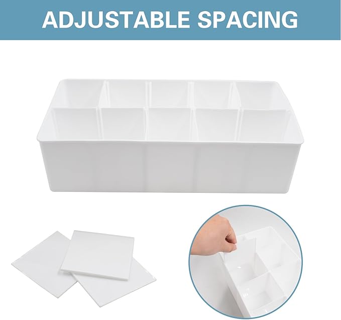 Plastic Belt Organizer, 10 Section Drawer Organizer for Storage Belt, Ties, Underwear and Socks, White Removable Dividers Sto