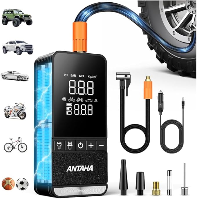 Tire Inflator Portable Air Compressor, 150 PSI Cordless Smart Air Pump for Car Tires, LED Light & Auto Shut-Off, Tires Pump for Car, Motorcycles, Bikes, Balls, Mini Bike Pump & Car Accessories