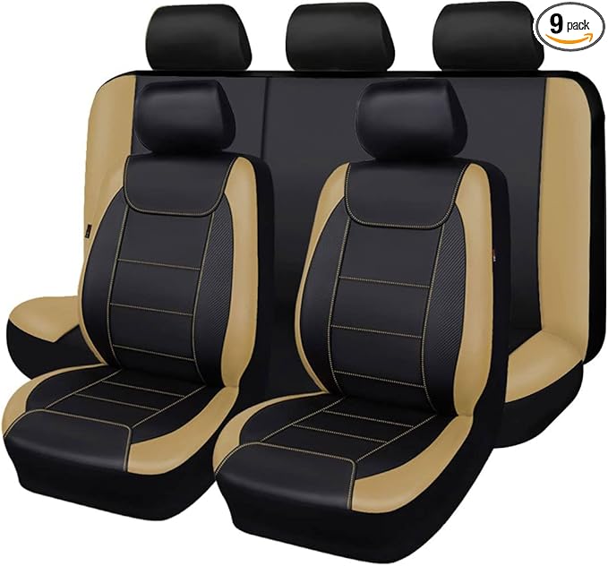 Flying Banner car seat Covers Protects Water Proof Faux Leather Carbon Fiber Front and Rear Bench (Black Beige, Full Set - 8P
