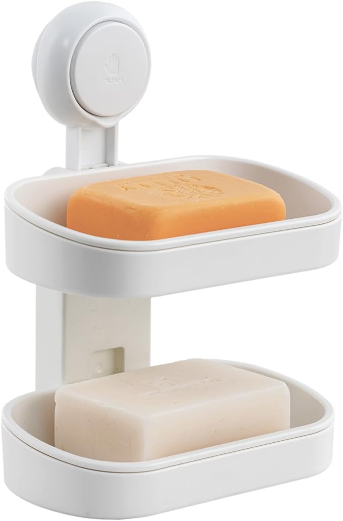 LEVERLOC Soap Dish Holder for Shower, Double Layer Suction Cup Wall Mounte Self Draining Removable Waterproof Strong Suction 