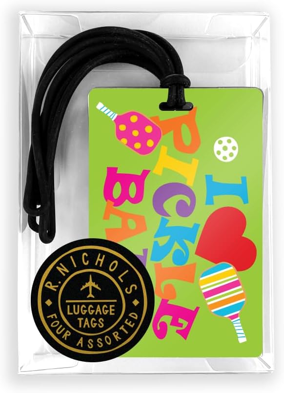 R. Nichols Pickleball Luggage Tag Set - Sturdy Waterproof Plastic Travel Labels for Baggage, Suitcases, Backpacks, and Diaper