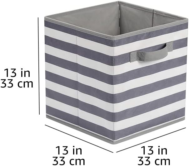 Amazon Basics Collapsible Fabric Storage Bins with Handles, Cube Organizer for Organizing, 13"x13"x13", White/Light Grey Stri