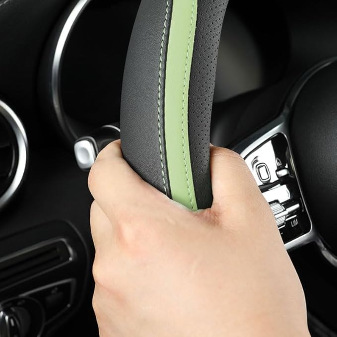 Car Steering Wheel Cover, Leather Steering Wheel Cover Green Universal 14.5-15 Inch Microfiber Leather Anti-Slip Breathable A