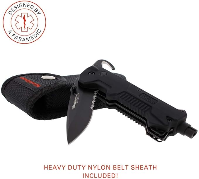 StatGear T3 Tactical Auto Rescue Tool - Folding Rescue Knife, Glass Window Breaker, Seatbelt Cutter, Molded Grips, LED Light,