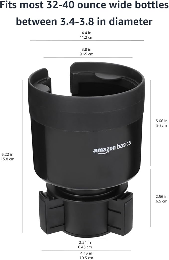 Amazon Basics Car Cup Holder Expander with Adjustable Base, Securely Holds Large Bottles 3.4 to 3.8 in Diameter, Compatible w