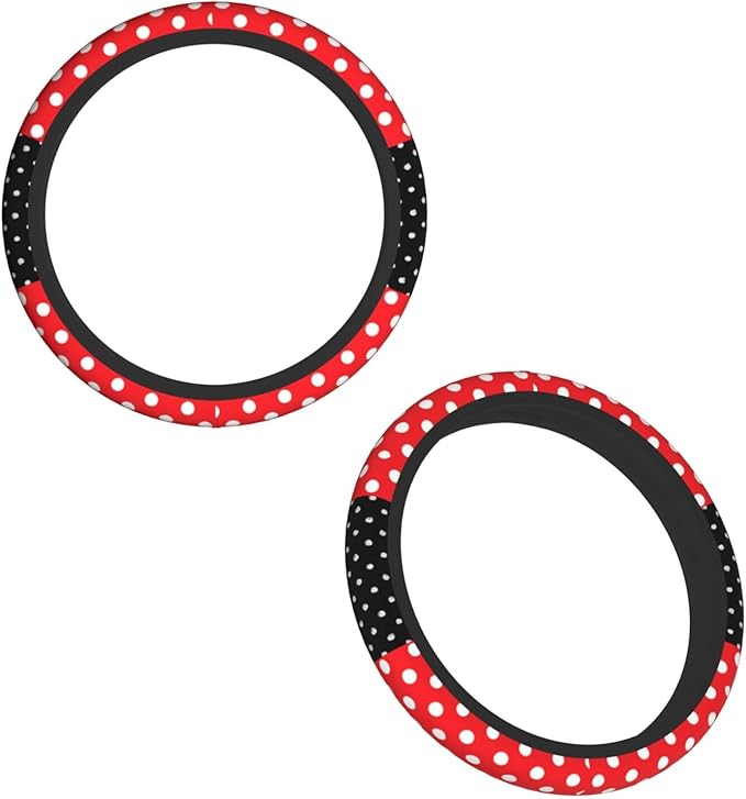Black Polka Dot Red Bow Steering Wheel Cover,Cute Classic Universal Fit 14-15 inch Steering Wheel Cover for Women Men, Automo