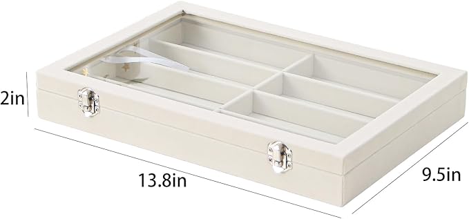 Coward Sunglass Organizer Tray Box, Beige Velvet Grids Eyeglasses Display Tray Case with Transparent Glass Lid for Home Use o