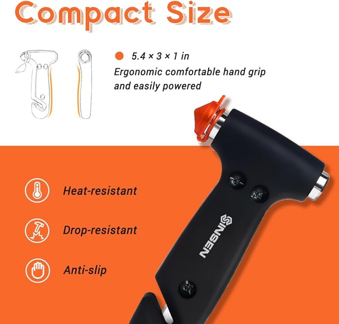 SINSEN Window Breaker Seatbelt Cutter, Car Glass Breaker Tool, Safety Hammer Emergency Escape Kit, 3-in-1, Matte Black