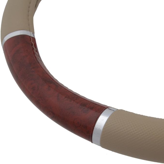 BDK Dark Wood Grain Car Steering Wheel Cover, Standard 15 inch with Beige Faux Leather Grip, Made to Fit Most Auto Truck Van 