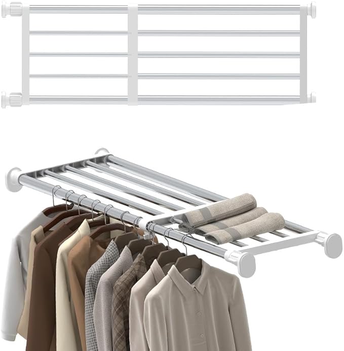 Hershii Tension Shelf Expandable Rod Closet System Heavy Duty Clothes Hanger Adjustable DIY Storage Organizer Freestanding Pa