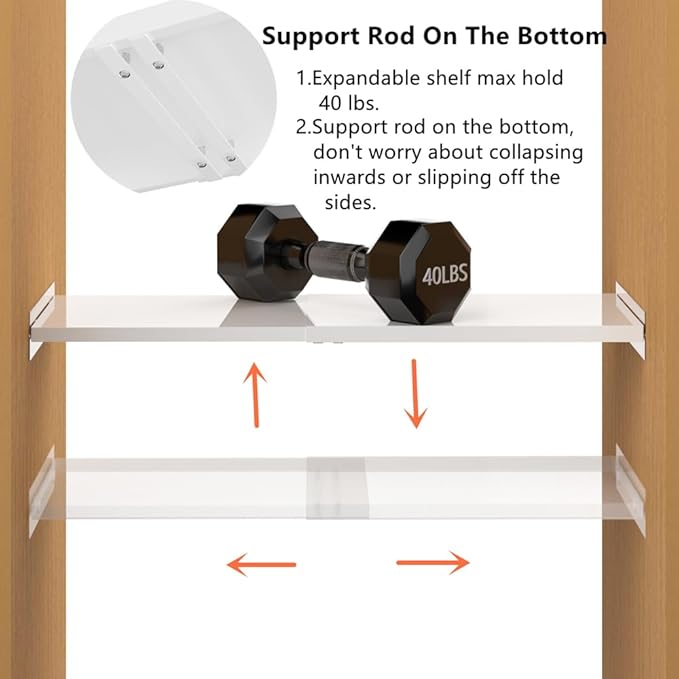 Slideep Adjustable Closet Shelf with Seamless Sticker, Metal Expandable Wardrobe Shelves Organizer for School Locker, Cabinet