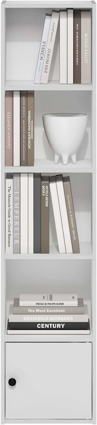 Furinno LUDER Book Shelf, 5-Tier Modern Bookshelf, Bookcase with 1 Door Storage Cabinet, 9.3 x 12 x 52, for Organization and 