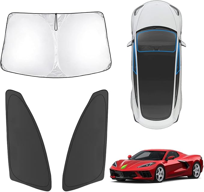 Karltys 3PCS Windshield Sun Shade for 2020-2025 Chevrolet Corvette C8, Front and Side Window Sunshade Custom Fit Corvette C8, Foldable Sun Visor Blocker Protects Car from Heat UV Rays Damage