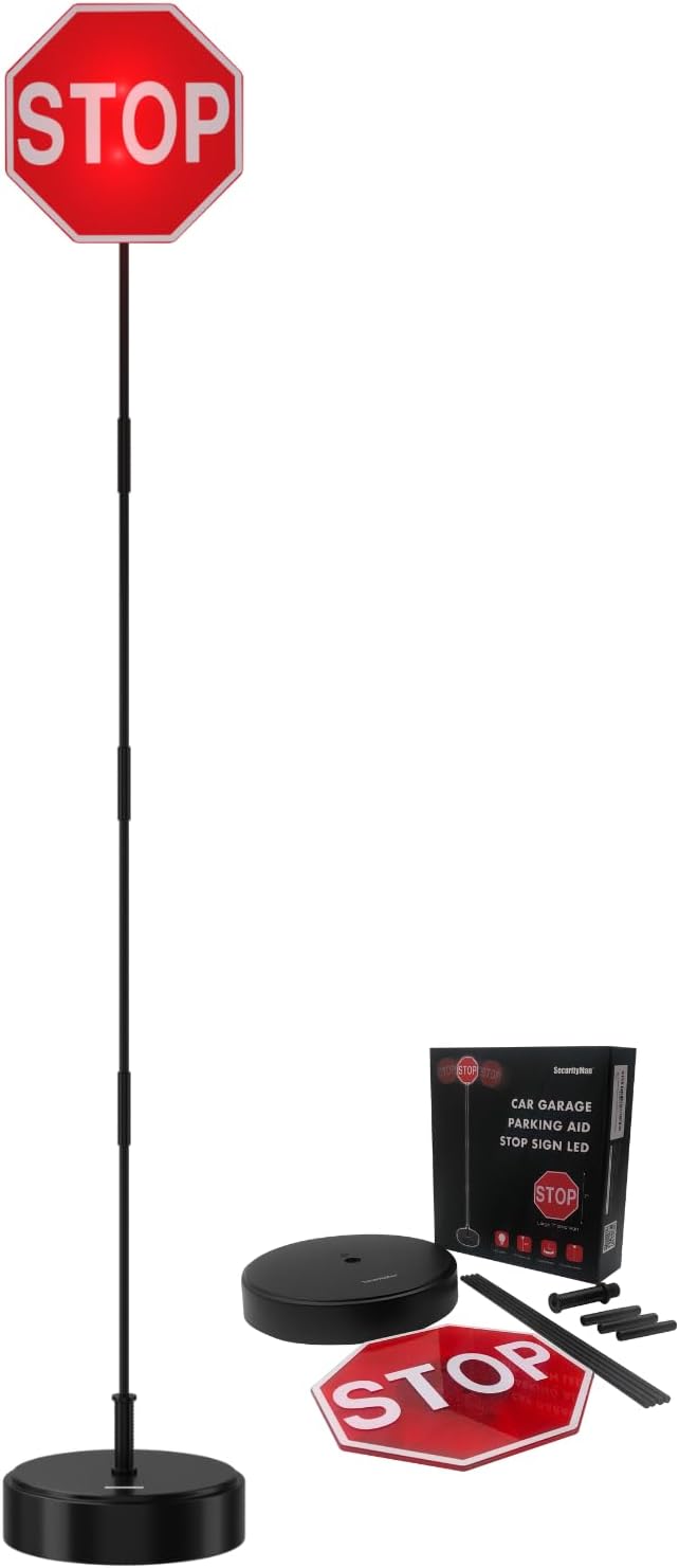 Securityman Garage Parking Aid with LED Stop Sign [Upgraded Base] – Large 7" Sign, Bright Red LEDs, Adjustable Height – Garag