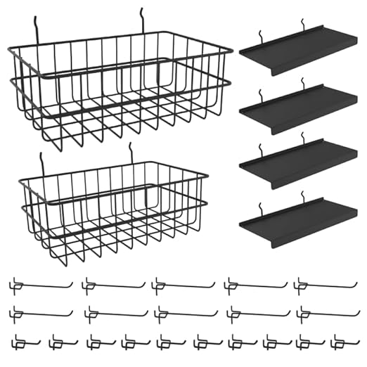 26PCS Peg Board Organizer Accessories Kit, Assortment 2PCS Wire Baskets, 4PCS Shelves, 20PCS Hooks for 1/4” and 3/16” Pegboar