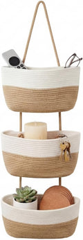 Hanging Wall Basket, Over the Door Hanging Basket with Hooks, 3-Tier Cotton Hanging Basket for Organizing, Decorative Boho Ch