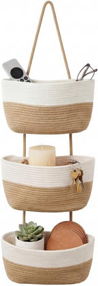 Hanging Wall Basket, Over the Door Hanging Basket with Hooks, 3-Tier Cotton Hanging Basket for Organizing, Decorative Boho Ch
