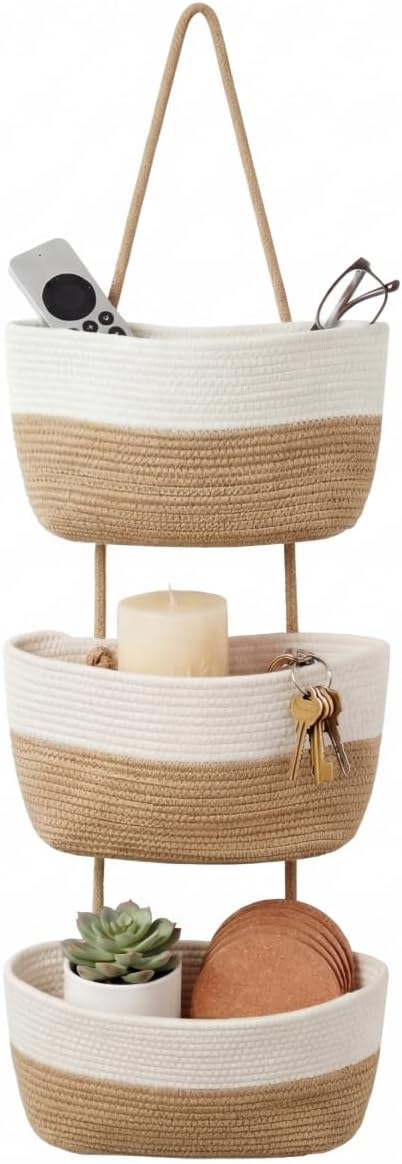 Hanging Wall Basket, Over the Door Hanging Basket with Hooks, 3-Tier Cotton Hanging Basket for Organizing, Decorative Boho Ch