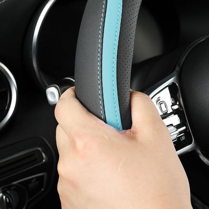 Car Steering Wheel Cover, Leather Steering Wheel Cover Blue Universal 14.5-15 Inch Microfiber Leather Anti-Slip Breathable Au
