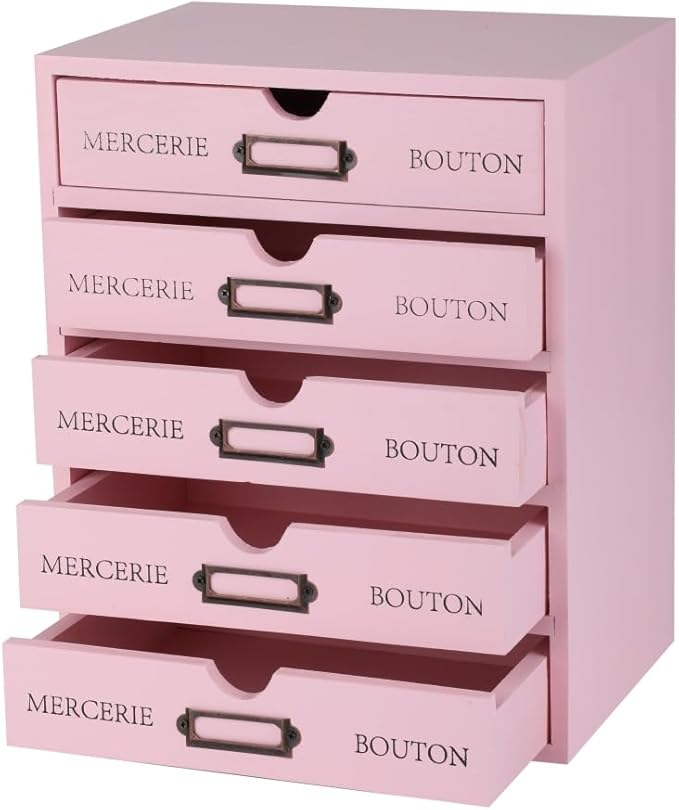 Wooden Storage Box with 5 Drawers Apothecary Vintage Wood Desktop Organizer Countertop Library Card Catalog Cabinet (Pink)