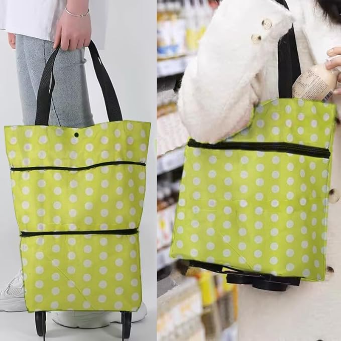 Collapsible Shopping Grocery Bag with Wheels Rolling Tote Bag with Wheels Large Reusable Shopping Bags Foldable Cart(Yellow Green Dot,Large)
