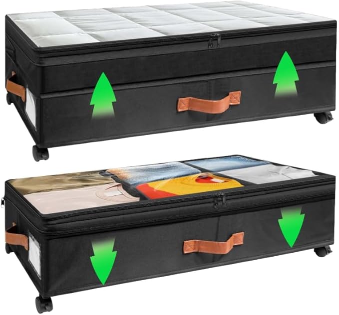 Under Bed Storage with Wheels, 72L XXL Under the Bed Storage Containers Large, 10‘’ Tall Adjustable Storage for Underbed with