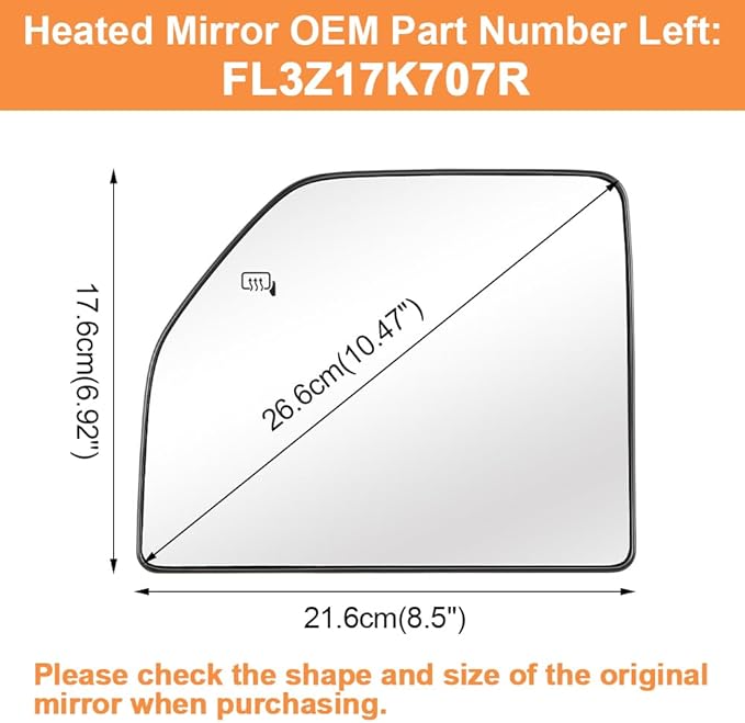 Senzeal Driver Side Heated Upper Mirror Glass Replacement for Ford F150 2015-2020 Ford F250 F350 F450 F550 2017-2022 Tow Mirror FL3Z17K707R (Left Side)