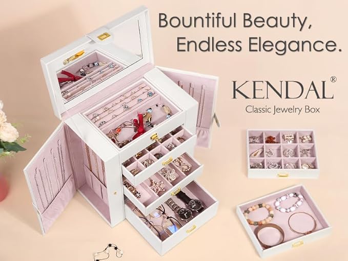 Kendal Extra Large Jewelry Box Jewelry Case PU Leather 6 Tier 5 Drawers Large Storage Capacity with Mirror Jewelry Storage Or