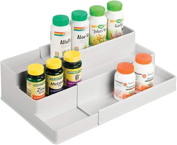 mDesign Plastic Expandable 3-Tier Shelf Rack Organizer - Storage for Bathroom Vanity, Cabinet, Cupboard, Drawer - Holds Medic
