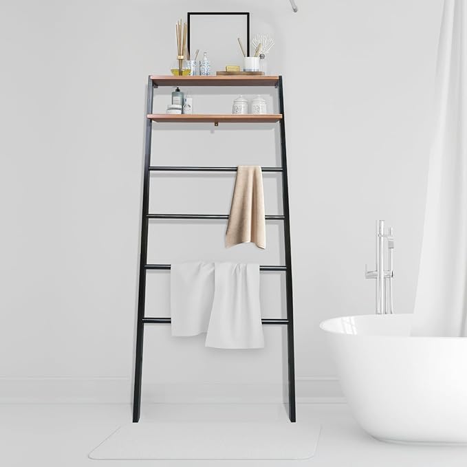 Space Saving 100% Solid Wood 6-Tier Blanket Ladder with Two Storage Shelves - Black/Sweet Oak