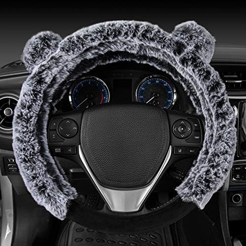 BDK Bear Fur Plush Steering Wheel Cover - Cute Faux Wool Protector for Women Girls Fits Wheels 14.5-15 inch Gray - with Ears