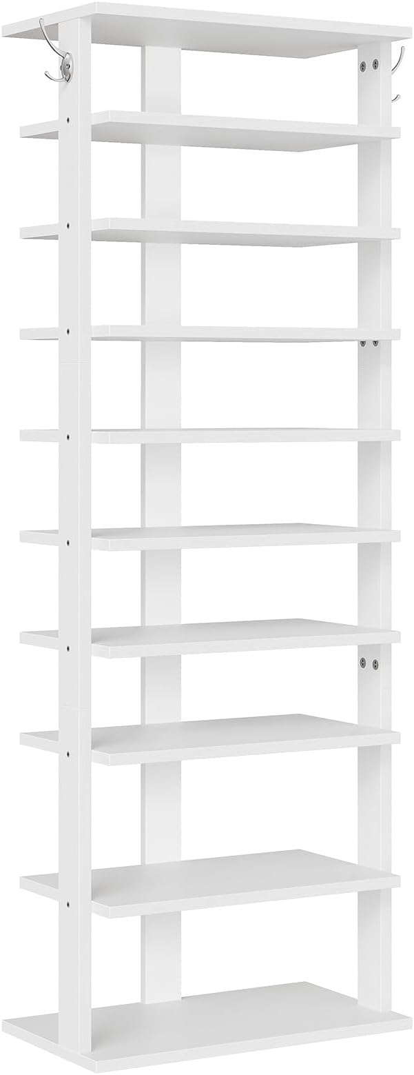 HOOBRO 10 Tiers Vertical Shoe Rack, Wooden Shoe Storage Organizer with Hooks, Narrow Shoe Tower for 20 Pairs, Space Saving, f