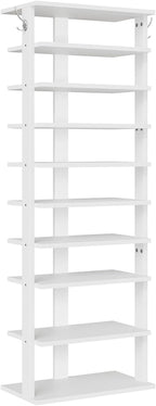 HOOBRO 10 Tiers Vertical Shoe Rack, Wooden Shoe Storage Organizer with Hooks, Narrow Shoe Tower for 20 Pairs, Space Saving, f