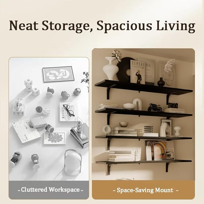 12 Inch Deep Floating Shelves Set of 4, 48 Inch Wide Black Solid Wood Wall Shelves, 4ft Heavy Duty Farmhouse Wall Mounted She