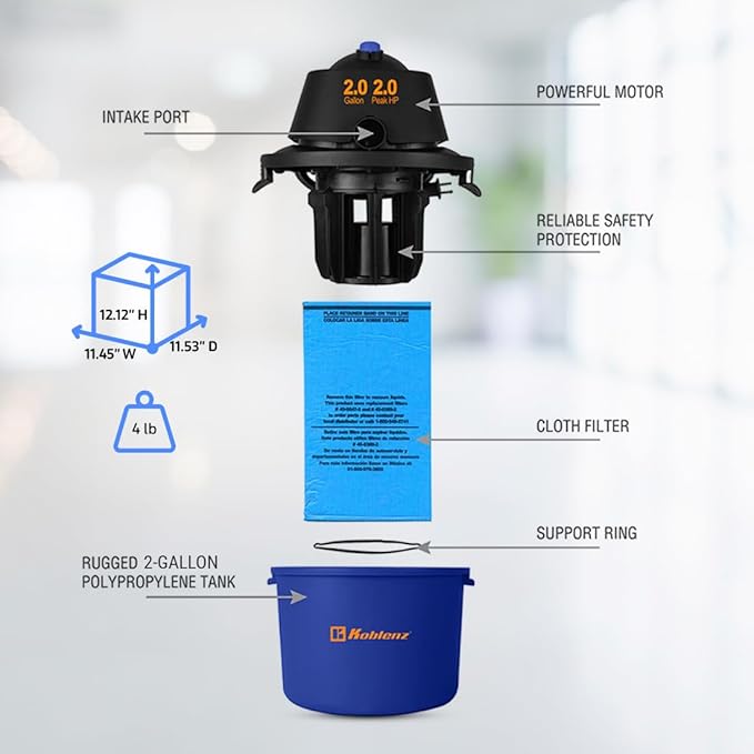 Koblenz WD-2L Portable Wet Dry Vacuum, 2-Gallon 2 PHP Suction Plus Blower Vacuum Cleaner for Liquids, Dust, Pet Hairs, 10' Re