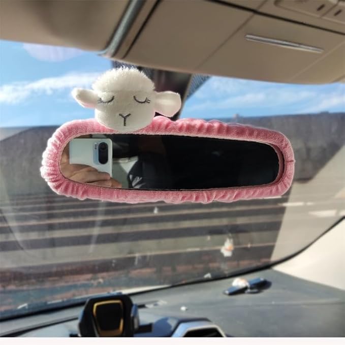 Adorable Teddy Bear Car Mirror Cover Set,Cute Sheep Mirror Accessories, Cartoon Design for Rearview Mirrors, Cozy Interior Auto Accessory (Pink Sheep)