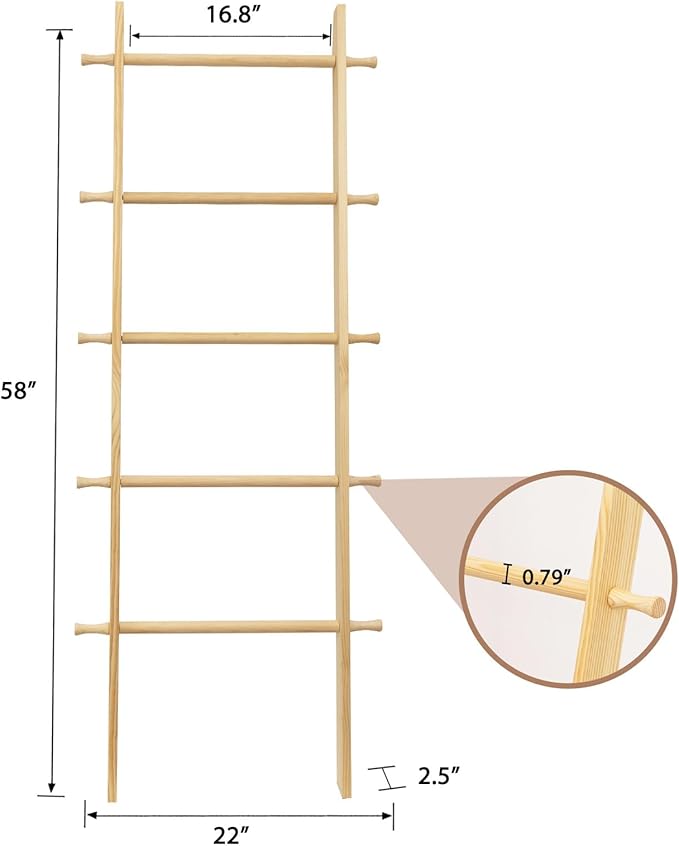 5-Tier Blanket Ladder – 4.8 Ft Wall Leaning Quilt Rack, Farmhouse Blanket Storage for Living Room, Bedroom & Bathroom – Rusti