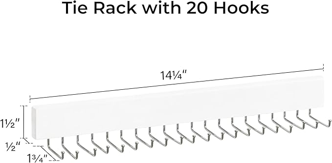 StorageWorks Tie Rack with 20 Hooks, 2-Pack Wall-Mounted Wooden Hangers for Neckties, Belts, Hats, White