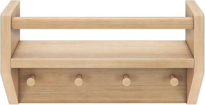 Max & Lily Wall Shelf with Pegs, 16 Inch Floating Bookshelf for Kids Room, Solid Wood Wall-Mounted Storage Shelf with Hooks f