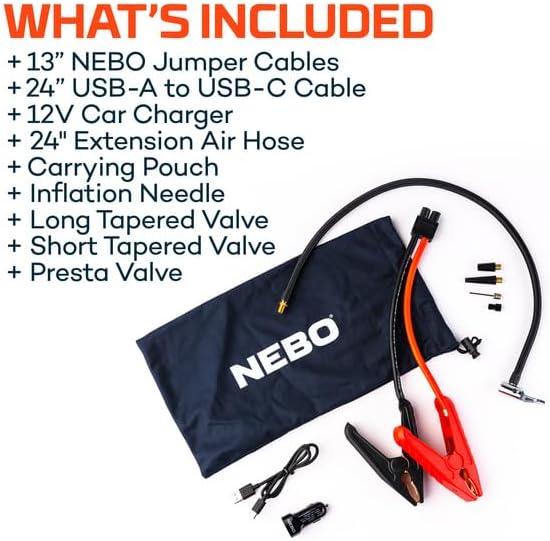 NEBO Assist Air 2000XP Jump Starter and Air Compressor | 55.5Wh Power Supply Box Restarts 12V Battery Vehicles, 150 PSI Air